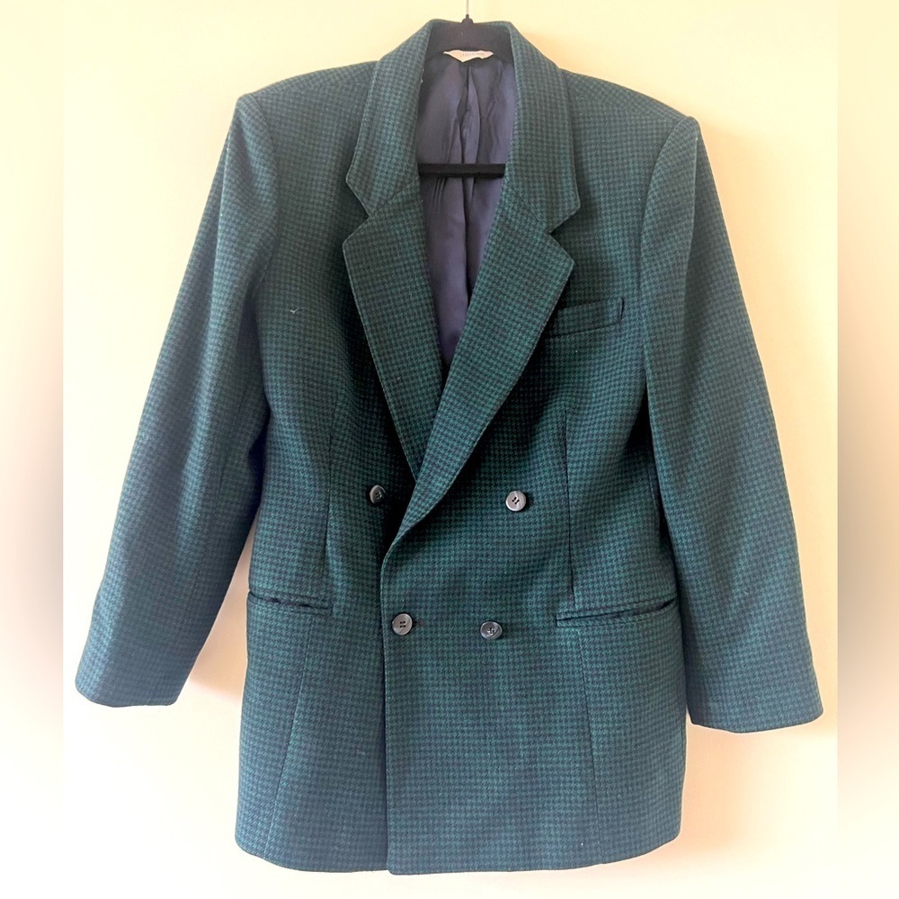 J.G.Hook 100% Wool Green/Black Houndstooth Double Breasted Blazer In Size 12